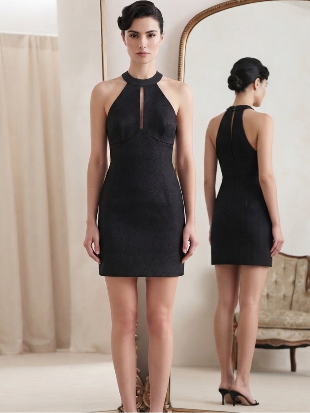 Derek Lam Black Jacquard Halter Cocktail Dress IT 40 / US 4 Silk Lining
